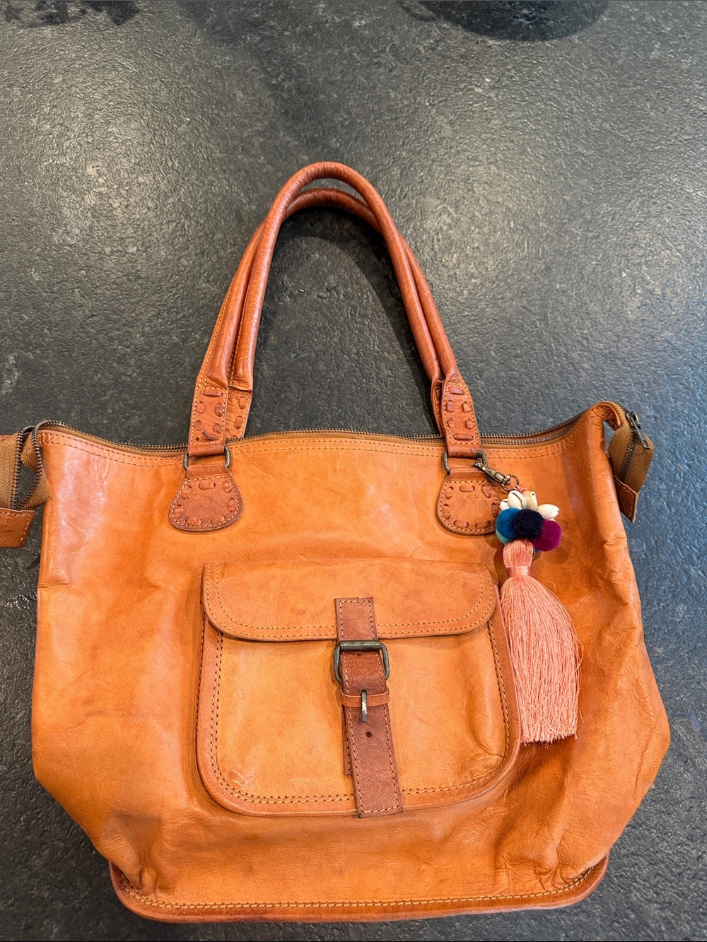 Noonday Collection Cognac Leather Tote with Tassel Charm